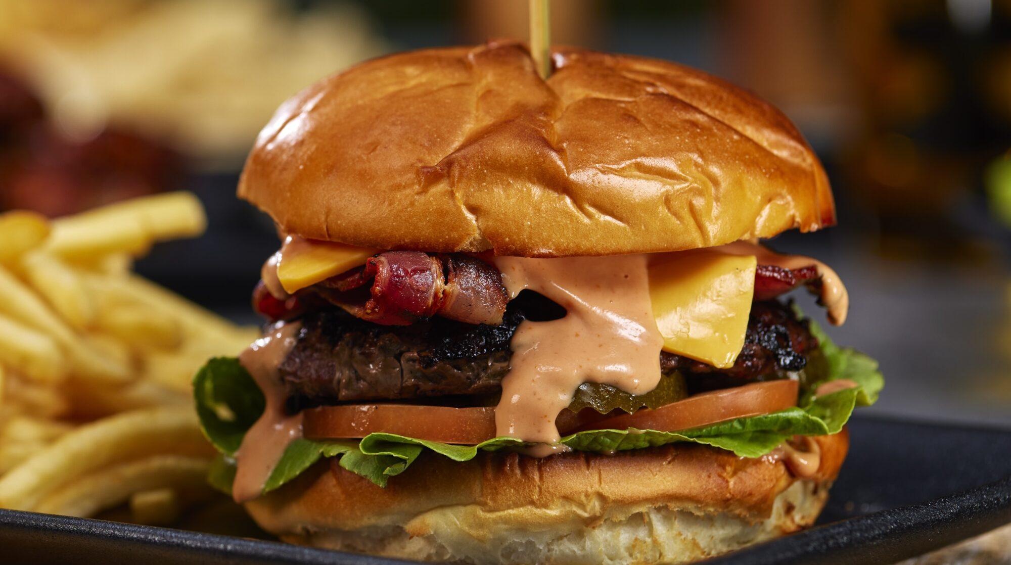 Beef burger served with fries