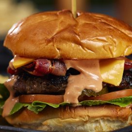 Beef burger served with fries
